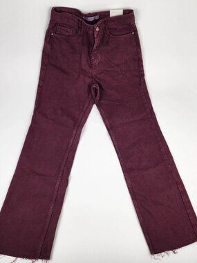 ZARA High Rise Straight Leg Jeans Size 2 Burgundy Raw Hem NWT